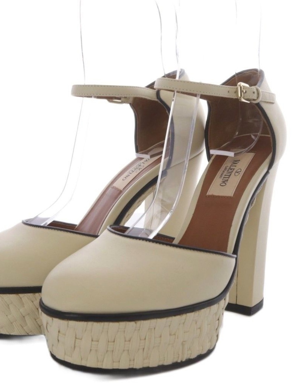 Valentino Garavani Cream Leather Raffia Platform Ankle Strap Pumps Sz 36